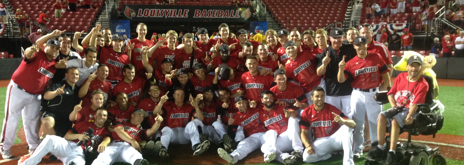Louisville Baseball Super Regional Celebration after beating Kennesaw State in the 2014 NCAA Baseball Tournament to Clinch Spot in College World Series Photo by Mark Blankenbaker Fitted