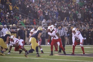 Lorenzo Mauldin, DeAngelo Brown and James Burgess Louisville vs. Notre Dame 11-22-2014 Photo by Mike Lindsay