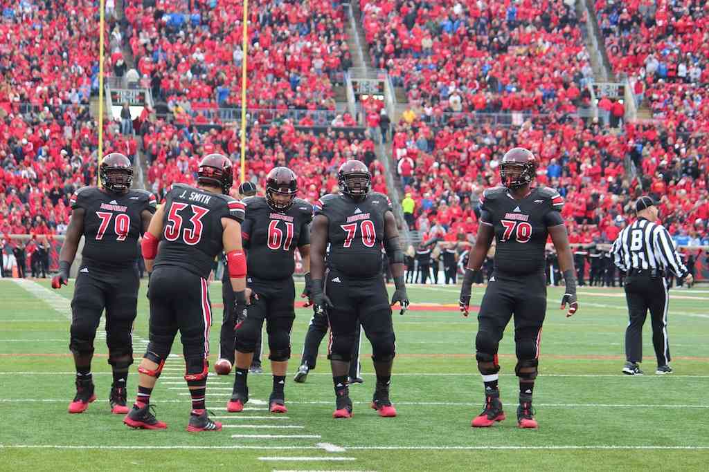 Louisville Offensive Line, Jamon Brown, Jake Smith, Tobijah Hughley, John Miller, and Aaron Epps Louisville vs. Kentucky 11-29-2014 2014 Governor's Cup Photo by Mike Lindsay