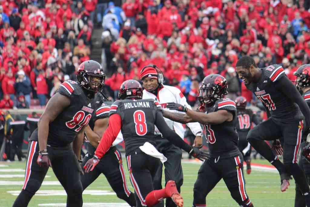 Gerod Holliman Interception Record Single Season with Keith Towbridge, Brandon Radcliff, Lamar Thomas and James Quick, Louisville vs. Kentucky 11-29-2014 2014 Governor's Cup Photo by Mike Lindsay