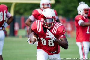 Louisville Cardinals wide receiver Javonte Bagley (88) runs the ball down the field during an open practice on August 11, 2015. Photo by Adam Creech