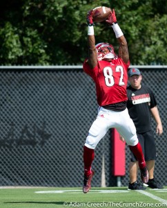 Louisville Cardinals wide receiver Dontez Byrd (82) catches a pass during an open practice on August 11, 2015. Photo by Adam Creech