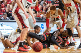Montrezl Harrell surrounded by Hilltoppers, FIGHT 12-20-2014 Louisville vs. Western Kentucky Photo by Adam Creech