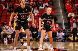 Emily Engstler, Hailey Van Lith Louisville vs. Michigan 12-2-2021 Photo by William Caudill TheCrunchZone.com