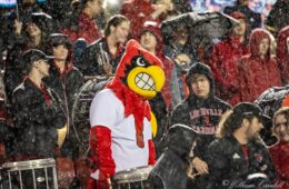 Louie the Card, Rain Louisville Football Spring Game 4-22-2023 Photo by William Caudill, TheCrunchZone.com