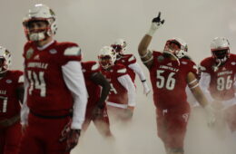 Kyle Bolin, Kiola Mahoni, Devante Peete Louisville vs. Texas A&M 2015 Music City Bowl 12-30-2015 Photo by Mark Blankenbaker