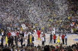 Celebration, Luke Hancock, Tim Henderson, Stephan Van Treese, Wayne Blackshear, Michael Baffour, Gorgui Dieng, Russ Smith, Chane Behanan, Montrezl Harrell, Peyton Siva, Zach Price, Rick Pitino 2013 National Championship, Final Four Louisville vs. Michigan Georgia Dome, Atlanta, GA 4-8-2013 . 2013 NCAA Tournament Photo by Mark Blankenbaker