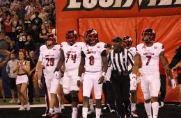 Louisville Entrance Lamar Jackson, Reggie Bonnafon Geron Christian, Mason King Louisville Football vs. Purdue 9-2-2017 Photo by Mark Blankenbaker, TheCrunchZone.com