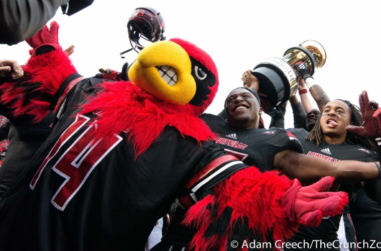 Louie the Cardinal, Brandon Radcliff, 11-29-2014 Louisville vs. Kentucky 2014 Governor's Cup Photo by Adam Creech