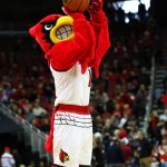 Louie the Card shooting basketball Louisville vs. Florida State 2-3-2018 Photo by William Caudill, TheCrunchZone.com