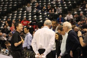 Rick Pitino, Kenny Klein, Grant Hill, Traci Wolfson, Jim Nantz, Bill Raftery Louisville Basketball Open Practice NCAA 1st Round 3-16-2017 Photo by Mark Blankenbaker
