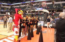 Louie the Cardinal with Cheerleaders Louisville vs. Jacksonville State Banker's Life Field House Indianapolis NCAA 1st Round 3-16-2017 Photo by Mark Blankenbaker