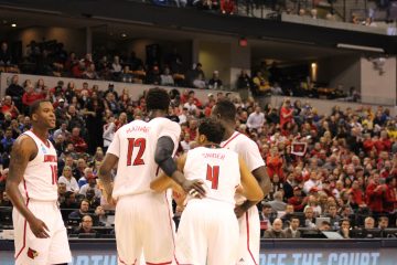 Jaylen Johnson, Mangok Mathiang, Quentin Snider, Louisville vs. Michigan Banker's Life Field House Indianapolis NCAA 2nd Round 3-19-2017 Photo by Mark Blankenbaker