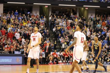 Anas Mahmoud, Ray Spalding Louisville vs. Michigan Banker's Life Field House Indianapolis NCAA 2nd Round 3-19-2017 Photo by Mark Blankenbaker