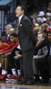 Louisville head coach Rick Pitino yells out a play during the quarterfinals of the 2017 New York Life ACC Tournament at the Barclays Center in Brooklyn, N.Y., Thursday, March 9, 2017. (Photo by David Welker, theACC.com)