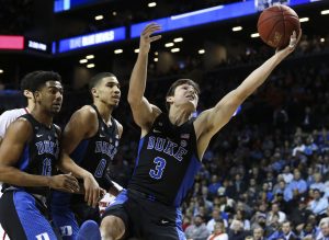 Duke guard Grayson Allen (3) grabs a rebound during the quarterfinals of the 2017 New York Life ACC Tournament at the Barclays Center in Brooklyn, N.Y., Thursday, March 9, 2017. (Photo by David Welker, theACC.com)