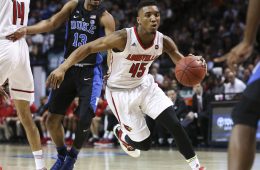 Louisville guard Donovan Mitchell (45) drives towards the hoop during the quarterfinals of the 2017 New York Life ACC Tournament at the Barclays Center in Brooklyn, N.Y., Thursday, March 9, 2017. (Photo by David Welker, theACC.com)