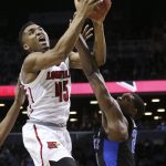 Louisville guard Donovan Mitchell (45) drives towards the hoop during the quarterfinals of the 2017 New York Life ACC Tournament at the Barclays Center in Brooklyn, N.Y., Thursday, March 9, 2017. (Photo by David Welker, theACC.com)