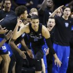 Duke forward Jayson Tatum (0) reacts after making a three late in the game during the quarterfinals of the 2017 New York Life ACC Tournament at the Barclays Center in Brooklyn, N.Y., Thursday, March 9, 2017. (Photo by David Welker, theACC.com)
