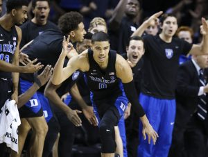 Duke forward Jayson Tatum (0) reacts after making a three late in the game during the quarterfinals of the 2017 New York Life ACC Tournament at the Barclays Center in Brooklyn, N.Y., Thursday, March 9, 2017. (Photo by David Welker, theACC.com)