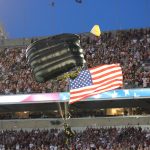 Skydiver, Parachute, American Flag Louisville vs. Alabama 51-14, 9-1-2018. Photo by Ashley Satterfield, TheCrunchZone.com