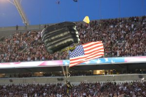 Skydiver, Parachute, American Flag Louisville vs. Alabama 51-14, 9-1-2018. Photo by Ashley Satterfield, TheCrunchZone.com
