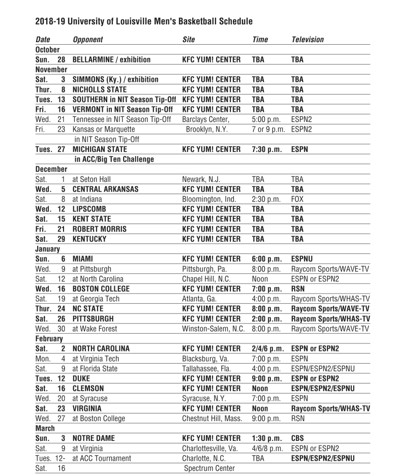 Louisville Basketball’s Complete 2018-19 Schedule Released – The Crunch ...