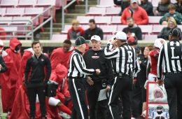 Bobby Petrino, officials Louisville vs. Wake Forest 10-27-2018 Photo by Austin Sullivan TheCrunchZone.com