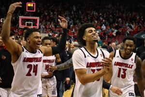 Dwayne Sutton, Jordan Nwora, VJ King Louisville vs. Michigan State 11-27-2018 Photo by William Caudill, TheCrunchZone.com