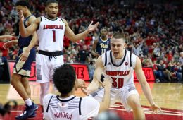 Jordan Nwora, Ryan McMahon, Christen Cunningham Louisville vs. Pitt Post-Game 1-26-2019 Photo by William Caudill, TheCrunchZone.com
