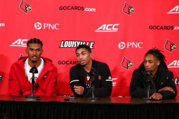 Malik Williams, Christen Cunningham, Khwan Fore Louisville vs. NC State Post-Game 1-24-2019 Photo by William Caudill, TheCrunchZone.com