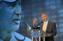 Wake Forest head coach Dave Clawson addresses the media during the 2019 ACC Football Kickoff in Charlotte, N.C., Wednesday, July 17, 2019. (Photo by Sara D. Davis, the ACC)