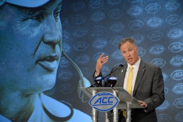 Wake Forest head coach Dave Clawson addresses the media during the 2019 ACC Football Kickoff in Charlotte, N.C., Wednesday, July 17, 2019. (Photo by Sara D. Davis, the ACC)